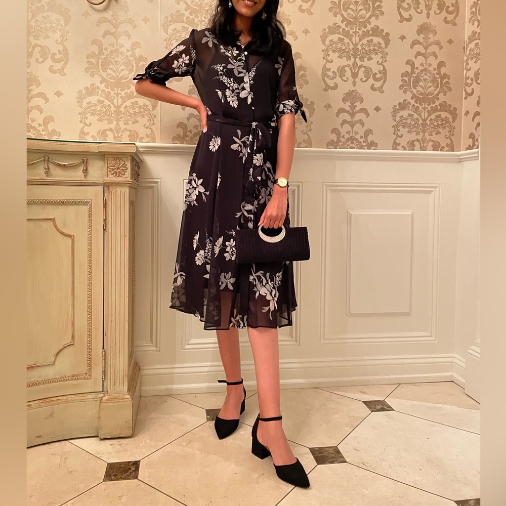 Calvin Klein Black and White Floral Midi Dress